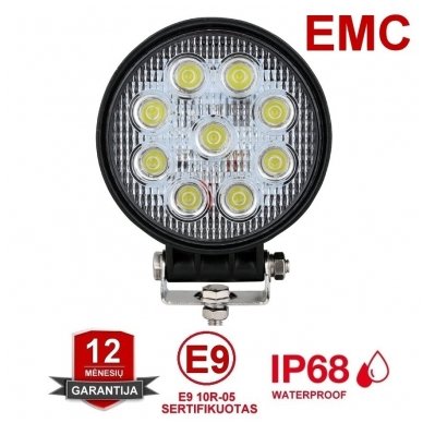 EMC LED plataus švietimo apvalus darbo žibintas 27W, 10-30V, 9 LED