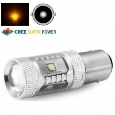 Geltona SUPER CREE LED "BA15S, P21W, PY21W " 12v-24v, 9w, 6 smd - 700 LM galios - aukščiausios galios led posūkio žibintų lemputė su priekyje lešiu