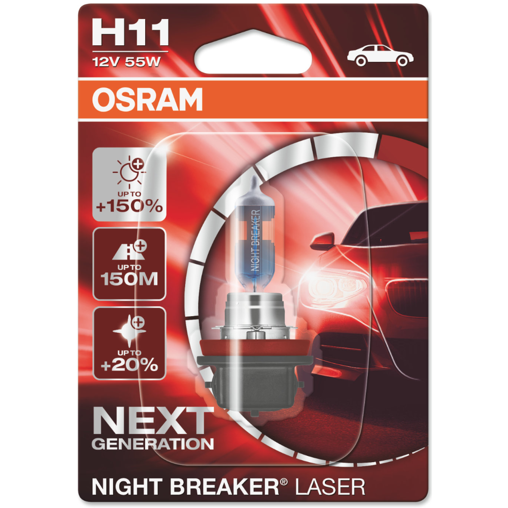 H11 OSRAM NIGHT BREAKER LASER +150% šviesos, +150m švietimo, +20