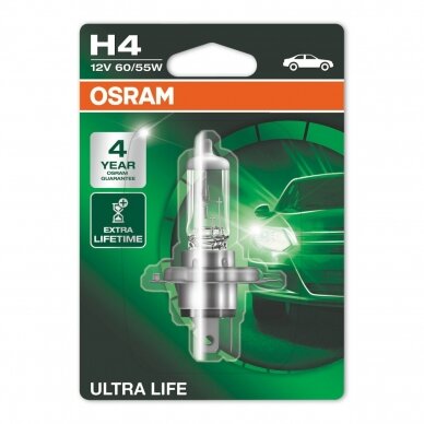 H4 OSRAM ULTRA LIFE lemputė 4 metai garantija, 64193ULT, 4008321416186 halogeninė lemputė 1