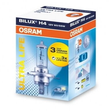 H4 OSRAM ULTRA LIFE lemputė 4 metai garantija, 64193ULT, 4008321416186 halogeninė lemputė 3