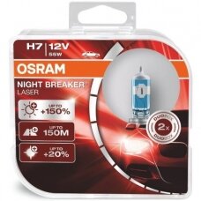 H7 OSRAM NIGHT BREAKER LASER +150% šviesos, +150m švietimo, +20% baltumo halogeninės lemputės 2vnt.