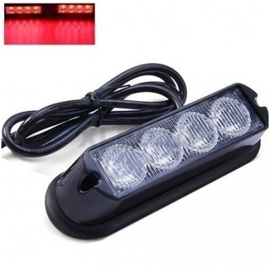 Įspėjamasis galingas 4 LED švyturėlis - raudonas 12V-24V