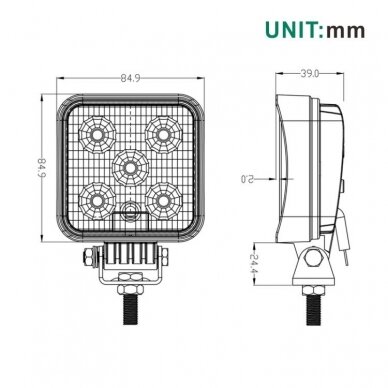 Įspėjamasis kvadratinis galingas 5 LED švyturėlis - geltonas 15W 12V-24V 2