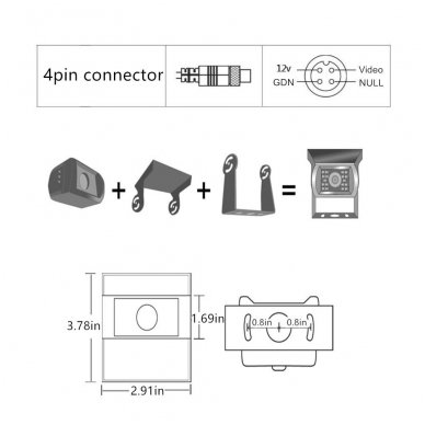 Sunkvežimių parkavimo kamera AHD 4PIN IP68 su IR LED 12V 7